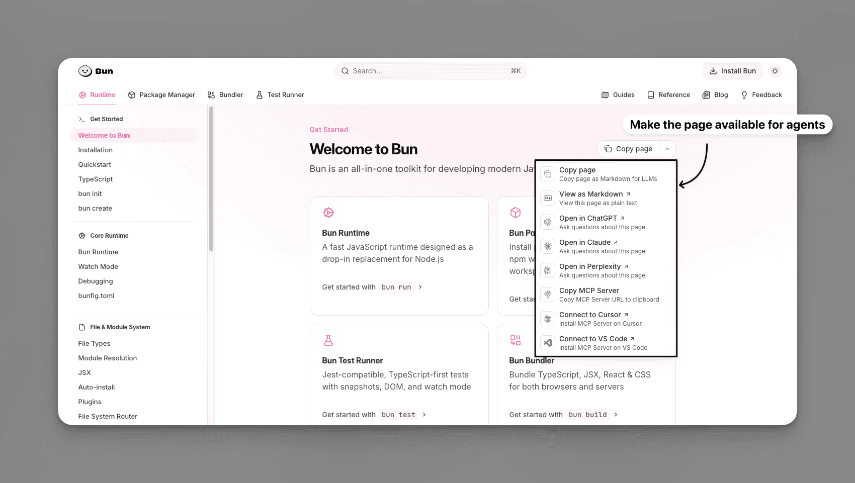 Bun docs with Open in ChatGPT dropdown options