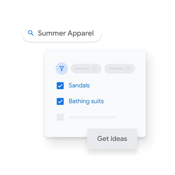Google Keyword Planner illustration: a seed term with suggested keyword ideas and a Get ideas button