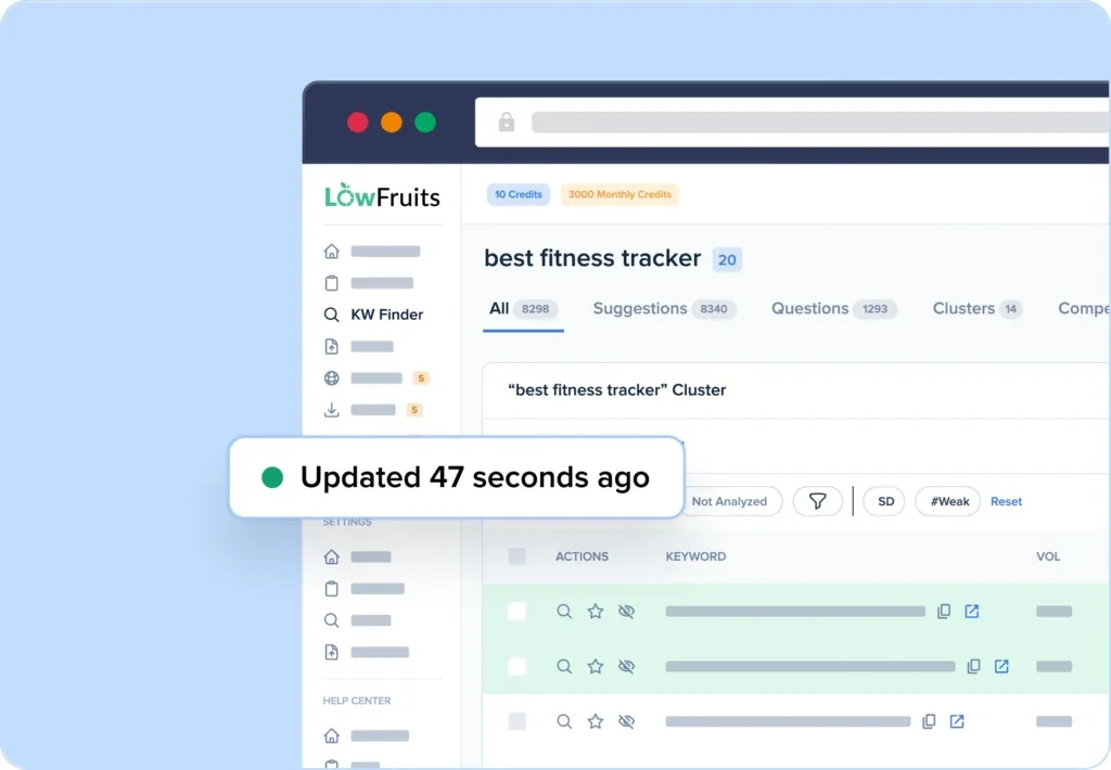 LowFruits keyword finder with a keyword cluster for best fitness tracker and a real-time SERP analysis