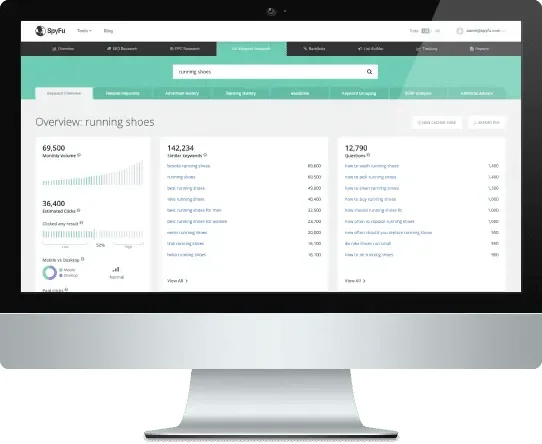 SpyFu keyword overview for running shoes with search volume, related keywords and questions
