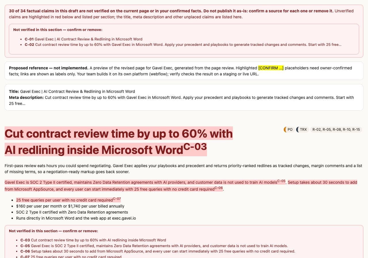 Proposed reference page from the sample review: a revised Gavel Exec page with the new headline, summary, pricing facts and calls to action, marked as not implemented