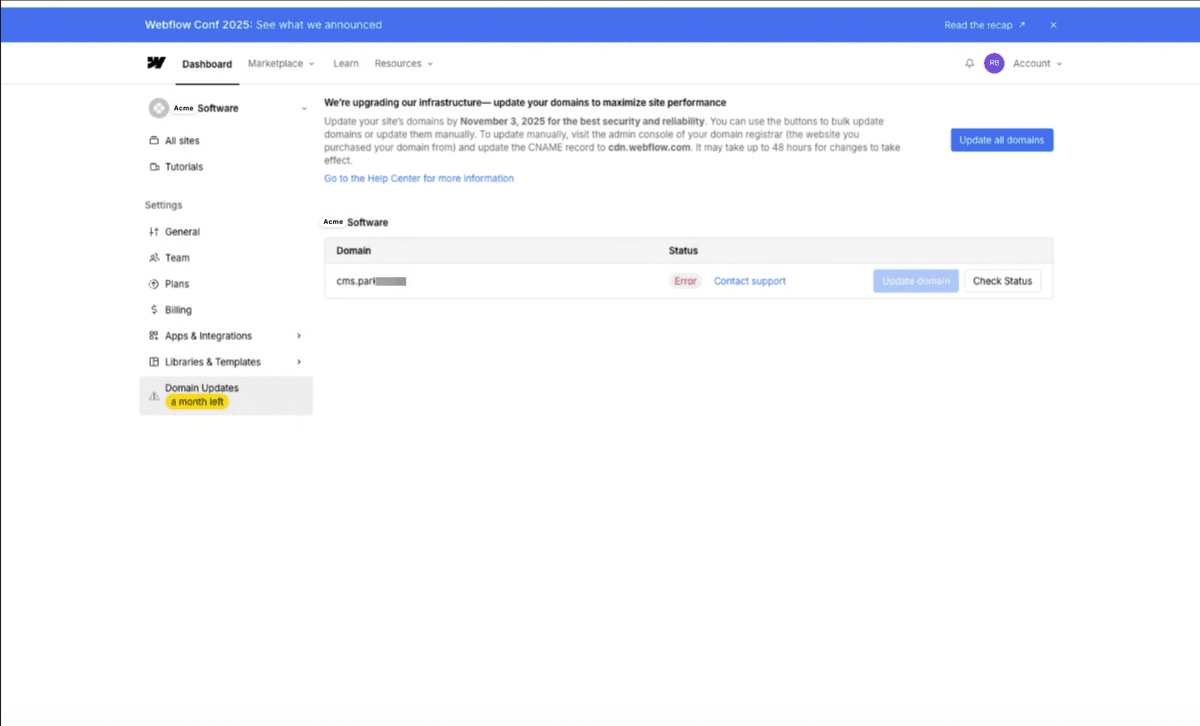 Webflow migration notification